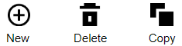 The New icon is a circle with a plus sign inside, flat design style. The delete icon is a trashcan, flat design style. The Copy icon is two overlapping squares, flat design style.